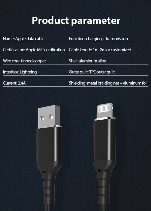 Apple MFI Certified USB A to Lightning Cable 2M