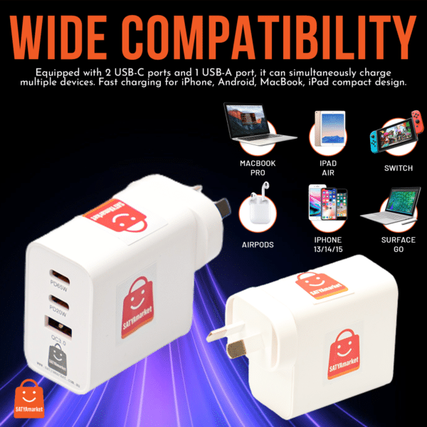 SATYAmarket 100W GaN Charger - 4 Port Fast Charging, SAA/RCM Compliant, GaN Technology, Compact and Portable Design - Ideal for Tablets, Laptops, Smartphones - 1