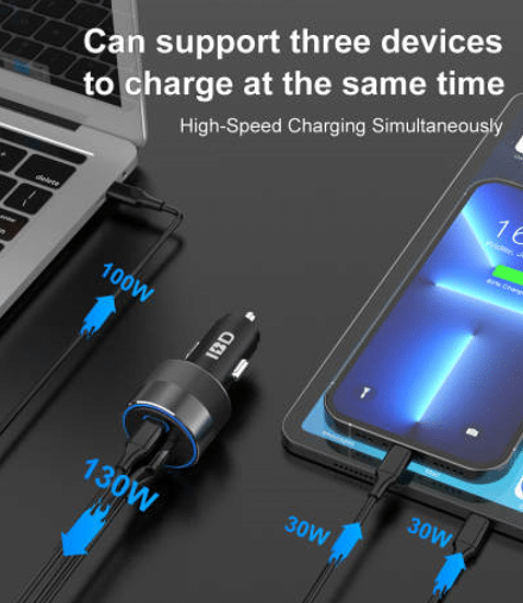 130W 3 Port Fast Car Charger