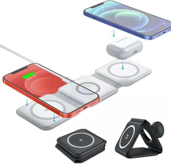 3in1 Magnetic Wireless Charger Foldable Mat Pad for Apple iPhone AirPods iWatch Android, Apple Watch All Series Android and Airpods Lightweight Portable Charger, Strong Magnetic Attraction 2