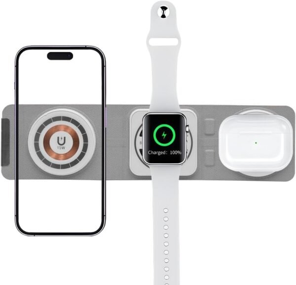 3 in 1 W-127 Wireless Fast Charging Station,15W Foldable Wireless Charger Pad Mat for Apple Watch All Series iPhone and Airpods Android Smartwatch Portable Charger, Strong Magnetic Attraction (White) 4