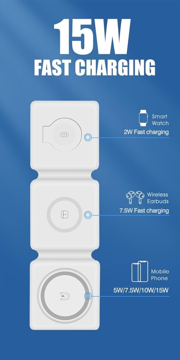 3in1 Magnetic Wireless Charger Foldable Mat Pad for Apple iPhone AirPods iWatch Android, Apple Watch All Series Android and Airpods Lightweight Portable Charger, Strong Magnetic Attraction 7