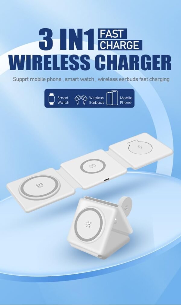 3in1 Magnetic Wireless Charger Foldable Mat Pad for Apple iPhone AirPods iWatch Android, Apple Watch All Series Android and Airpods Lightweight Portable Charger, Strong Magnetic Attraction 6
