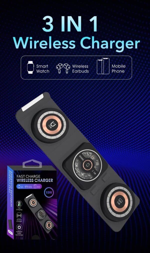 3 in 1 W-127 Wireless Fast Charging Station,15W Foldable Wireless Charger Pad Mat for Apple watch all series Iphone And Airpods, Android Smartwatch Portable charger, Strong Magnetic Attraction (Black) 7