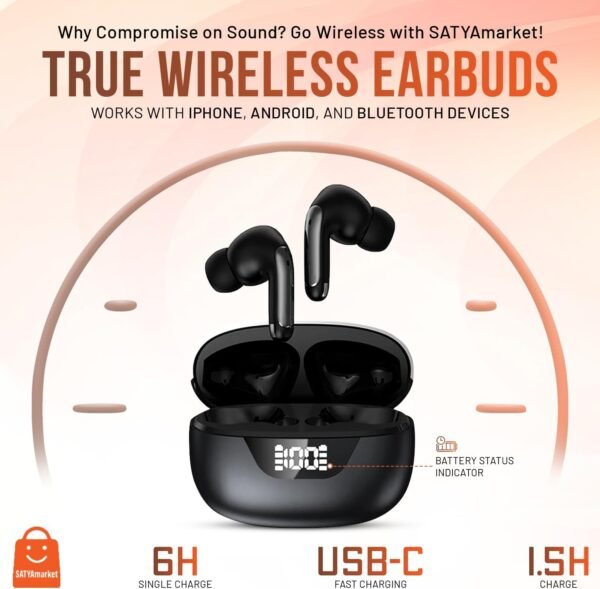 SATYAmarket True Wireless Earbuds | TWS | Bluetooth V5.3 | Latest HiFi Stereo Model, Works with iPhone, Android, and Bluetooth Devices - Black 1