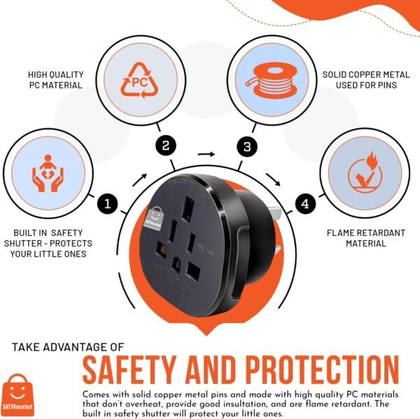 SATYAmarket SAA Certified UK,USA,CA to AU,NZ Adapter Plug, Insulated Pins International Power Adapter China Socket, Australia, New Zealand Travel Power Plug, Black