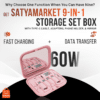 SATYAmarket 9-in-1 Multifunctional Storage Box with Type-C Cable, Adapters, Phone Holder, and Mirror – Pink