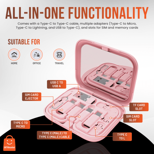 SATYAmarket 9-in-1 Multifunctional Storage Box with Type-C Cable, Adapters, Phone Holder, and Mirror – Pink