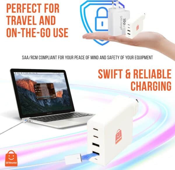 SATYAmarket 100W GaN Charger - 4 Port Fast Charging, SAA/RCM Compliant, GaN Technology, Compact and Portable Design - Ideal for Tablets, Laptops, Smartphones - 3