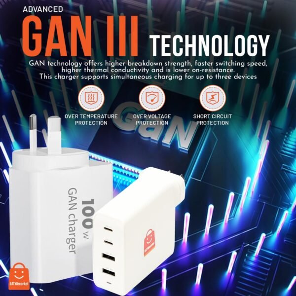 SATYAmarket 100W GaN Charger - 4 Port Fast Charging, SAA/RCM Compliant, GaN Technology, Compact and Portable Design - Ideal for Tablets, Laptops, Smartphones - 2