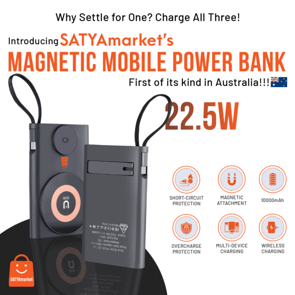 SATYAmarket 3-in-1 Magnetic Wireless Charger Power Bank 10000mAh, Multi Charging, 22.5watt