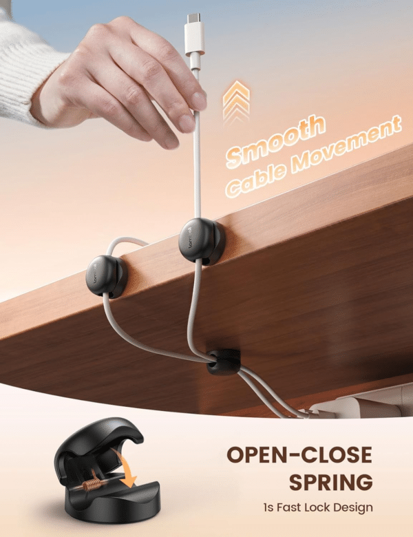 6-Pack Cable Clips – Spring Cord Organizers for Desk, Nightstand, and Car – Adhesive Wire Holders with 8mm Slots