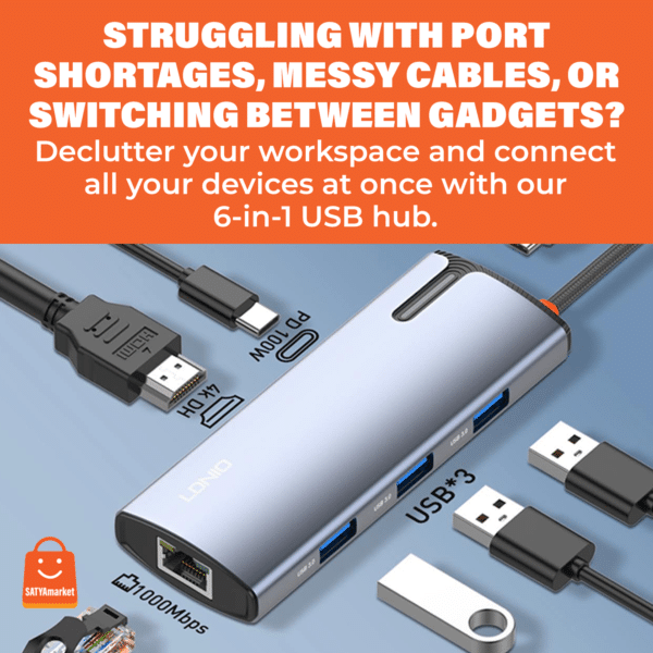 LDNIO DS-16H 6-in-1 USB-C Hub Docking Station – Type-C to HDMI 4K, PD 100W, USB 3.0 x3, RJ45 Ethernet