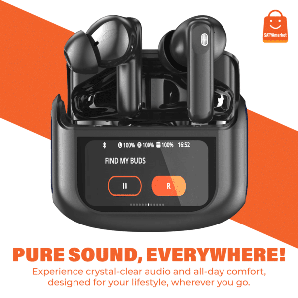 SATYAmarket Wireless Earbuds Bluetooth 5.4 with Touchscreen Display – TWS Headphones with 4-Mic Noise Cancelling, Bass Boost, Hi-Fi Stereo Sound