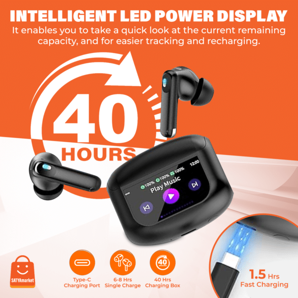 SATYAmarket Wireless Earbuds Bluetooth 5.4 with Touchscreen Display – TWS Headphones with 4-Mic Noise Cancelling, Bass Boost, Hi-Fi Stereo Sound