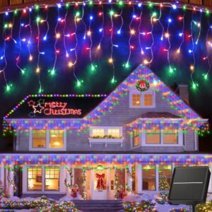 Solar Christmas Icicle Lights Outdoor Decorations, 8 Modes Waterproof Icicle Fairy Lights for outside Holiday, Patio, Balcony, Christmas, Window, House Eaves Decorations, (10M Multicolor)