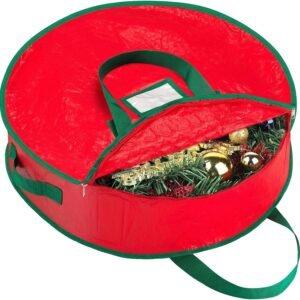 24 Inch Christmas Wreath Storage Bag Garland Wreaths Container – Waterproof Red Holder with Handles & Label Slot – Decorative Wreath Storage Container for Seasonal Decoration Storage, 61 X 61 X 18Cm